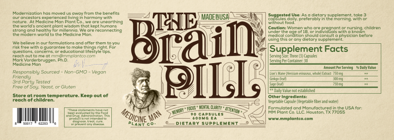 Medicine Man Plant Co. The Brain Pill Lion's Mane Sage Ginkgo