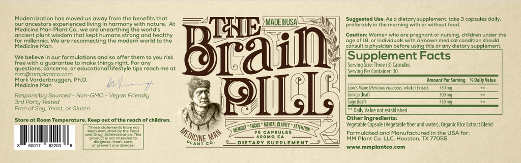 Medicine Man Plant Co. The Brain Pill Lion's Mane Sage Ginkgo